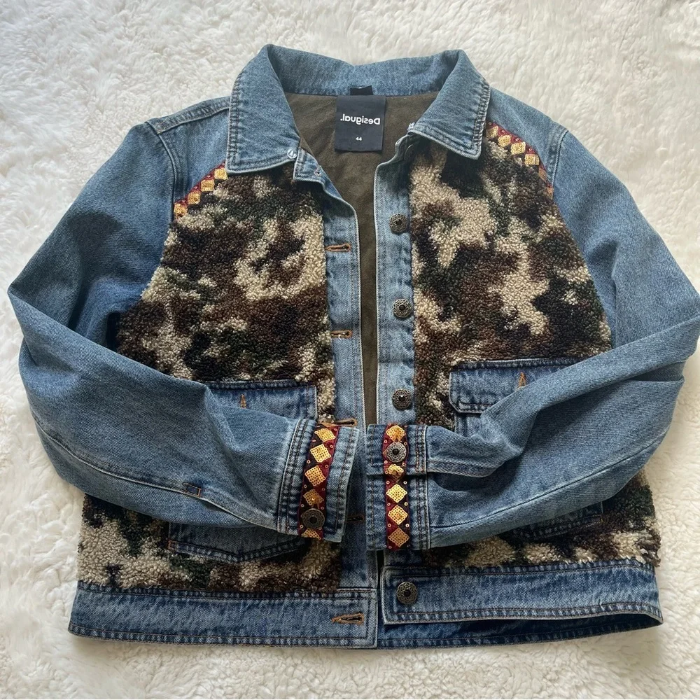 Desigual Denim Camouflage Jean Jacket with Faux Fur XL - Picture 7 of 15
